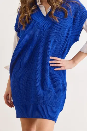 Kadın Saks Mavi V Yaka Triko Tunik Elbise ELB-19002343-Saks Mavi - 4