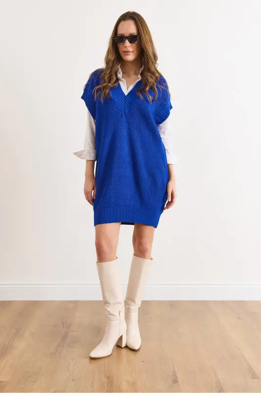 Kadın Saks Mavi V Yaka Triko Tunik Elbise ELB-19002343-Saks Mavi - 2