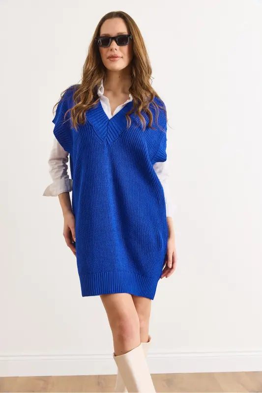 Kadın Saks Mavi V Yaka Triko Tunik Elbise ELB-19002343-Saks Mavi - 6