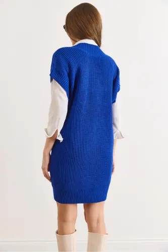 Kadın Saks Mavi V Yaka Triko Tunik Elbise ELB-19002343-Saks Mavi - 3