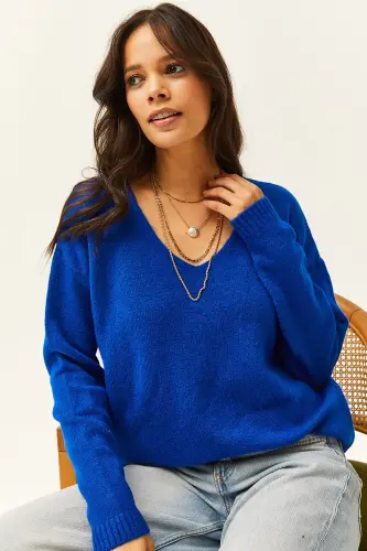 Kadın Saks Mavi V Yaka Yumuşak Dokulu Triko Kazak KZK-19000598-Saks Mavi 