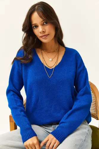 Kadın Saks Mavi V Yaka Yumuşak Dokulu Triko Kazak KZK-19000598-Saks Mavi - 4