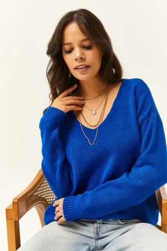 Kadın Saks Mavi V Yaka Yumuşak Dokulu Triko Kazak KZK-19000598-Saks Mavi - 3