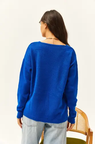 Kadın Saks Mavi V Yaka Yumuşak Dokulu Triko Kazak KZK-19000598-Saks Mavi - 5