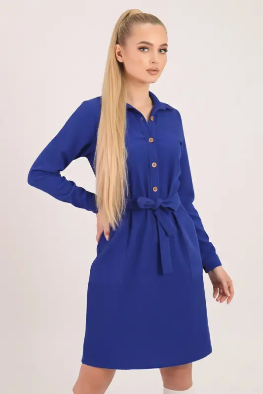 Kadın Saks Önden Düğmeli Cepli Kuşaklı Kadife Elbise ARM-25K001085-Saks - ARMONIKA