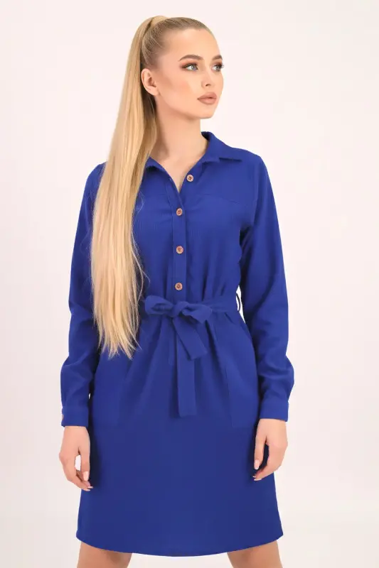 Kadın Saks Önden Düğmeli Cepli Kuşaklı Kadife Elbise ARM-25K001085-Saks - 2