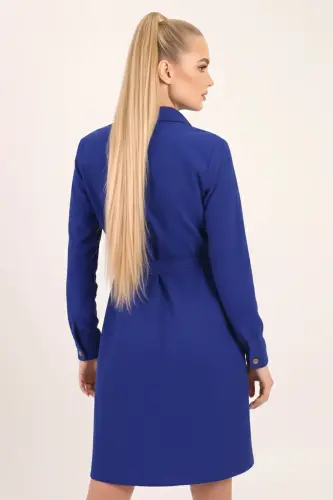 Kadın Saks Önden Düğmeli Cepli Kuşaklı Kadife Elbise ARM-25K001085-Saks - 3