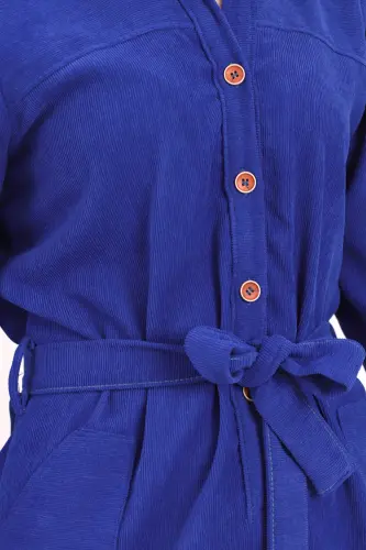 Kadın Saks Önden Düğmeli Cepli Kuşaklı Kadife Elbise ARM-25K001085-Saks - 4