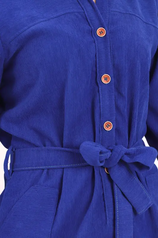 Kadın Saks Önden Düğmeli Cepli Kuşaklı Kadife Elbise ARM-25K001085-Saks - 4