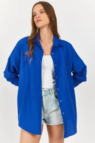 Kadın Saks Oversize Uzun Basic Gömlek Arm-22y001118-Saks 