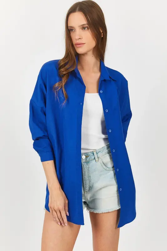 Kadın Saks Oversize Uzun Basic Gömlek Arm-22y001118-Saks - 2