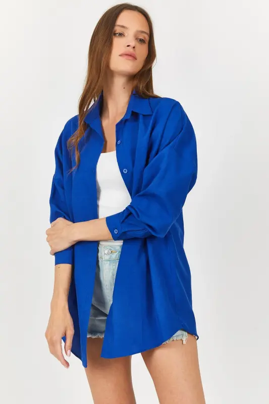 Kadın Saks Oversize Uzun Basic Gömlek Arm-22y001118-Saks - 3