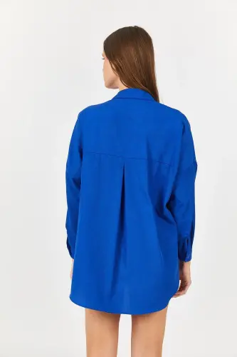 Kadın Saks Oversize Uzun Basic Gömlek Arm-22y001118-Saks - 4