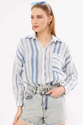 Kadın Saks Uzun Kollu Cep Detaylı Sırtı Pileli Çizgili Oversize Gömlek ARM-24Y001053-Saks - 4