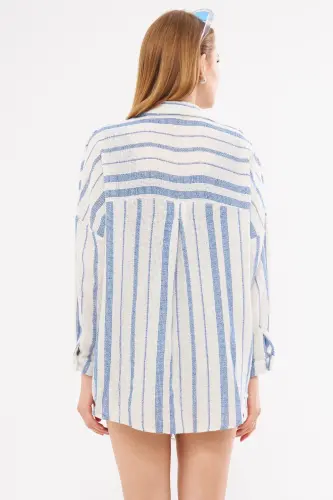 Kadın Saks Uzun Kollu Cep Detaylı Sırtı Pileli Çizgili Oversize Gömlek ARM-24Y001053-Saks - 5