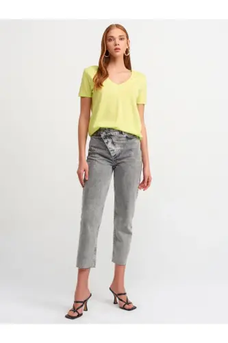 Kadın Sarı 3470 V Yaka Basic T-shirt - Lime 