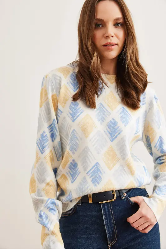 Kadın Sarı Baklava Bisiklet Yaka Desenli Yumuşak Dokulu Premium Triko KazakKZK-19000611 - Sarı Baklava - 4