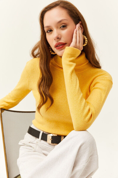 Kadın Sarı Balıkçı Yaka Parmak Detaylı Likralı Bluz BLZ-19001644-Sarı 