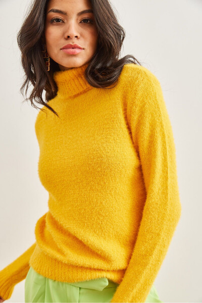 Kadın Sarı Balıkçı Yaka Yumuşak Dokulu Sakallı Triko Kazak KZK-19000861-Sarı - 3