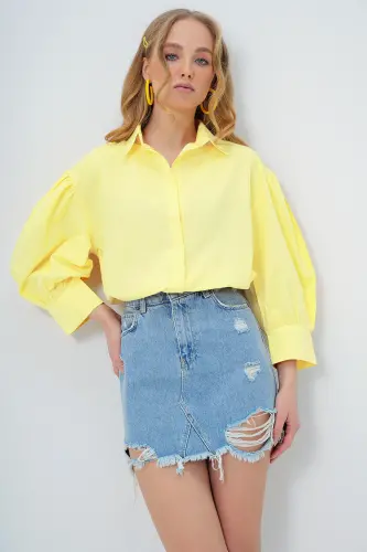 Kadın Sarı Balon Kol Gizli Patlı Basic Poplin Gömlek ALC-X9654 - SARI - 3