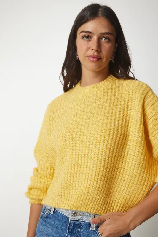 Kadın Sarı Balon Kollu Basic Triko Kazak BV00098-Sarı - 3