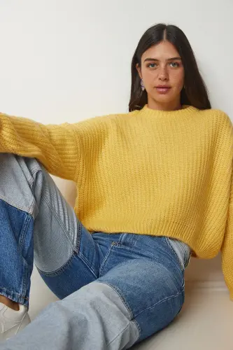 Gelbes Basic-Sweatshirt aus Strick mit Ballonärmeln für Damen BV00098 - Gelb 
