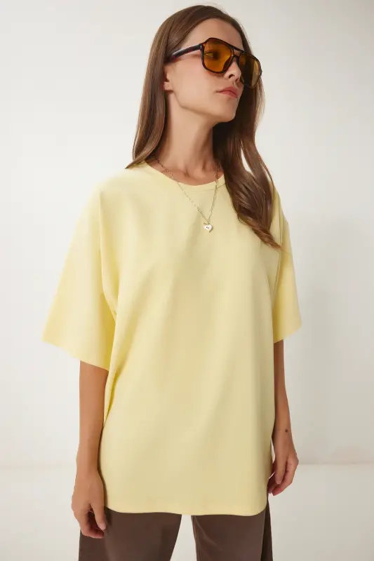 Kadın Sarı Basic Oversize Örme T-Shirt HW00007-Sarı - 2