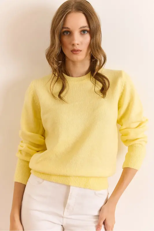 Kadın Sarı Bisiklet Yaka Yumuşak Dokulu Basic Triko Kazak KZK-19000845-Sarı - 4