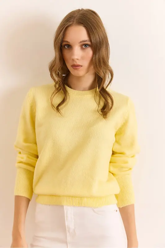 Kadın Sarı Bisiklet Yaka Yumuşak Dokulu Basic Triko Kazak KZK-19000845-Sarı - 6