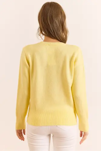 Kadın Sarı Bisiklet Yaka Yumuşak Dokulu Basic Triko Kazak KZK-19000845-Sarı - OLALOOK (1)