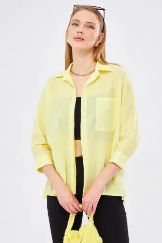 Kadın Sarı Cepli Salaş Keten Gömlek ARM-21Y001035-Sarı 