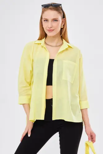 Kadın Sarı Cepli Salaş Keten Gömlek ARM-21Y001035-Sarı - 4