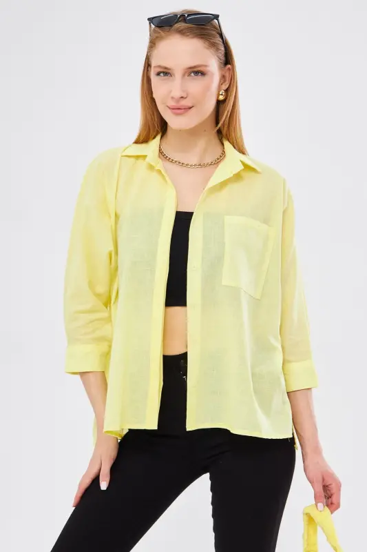 Kadın Sarı Cepli Salaş Keten Gömlek ARM-21Y001035-Sarı - 4