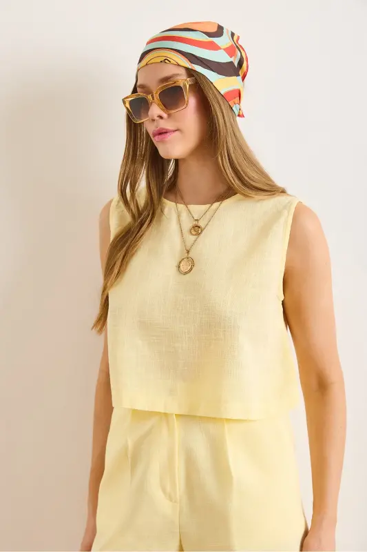 Kadın Sarı Flam Keten Crop Bluz BLZ-19002925-Sarı - 4
