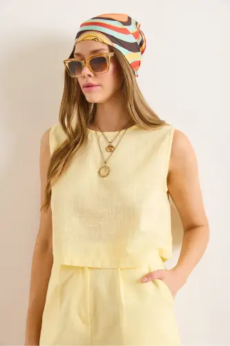 Kadın Sarı Flam Keten Crop Bluz BLZ-19002925-Sarı - 5