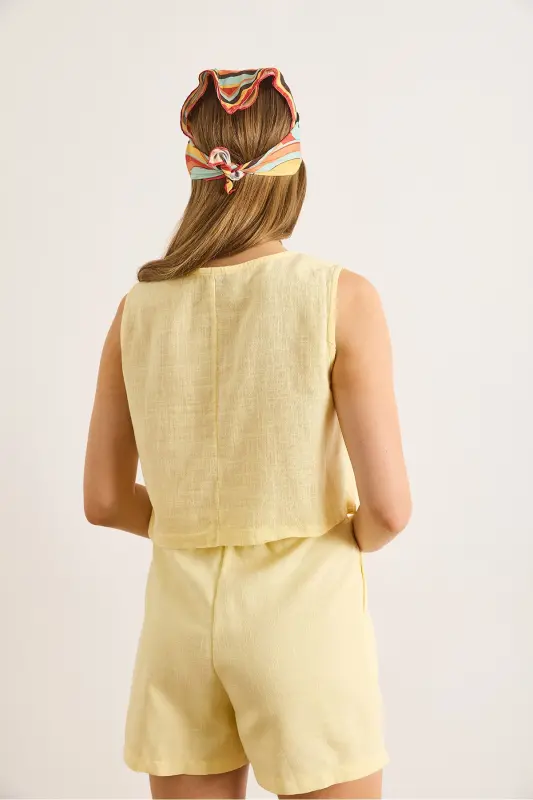 Kadın Sarı Flam Keten Crop Bluz BLZ-19002925-Sarı - 6