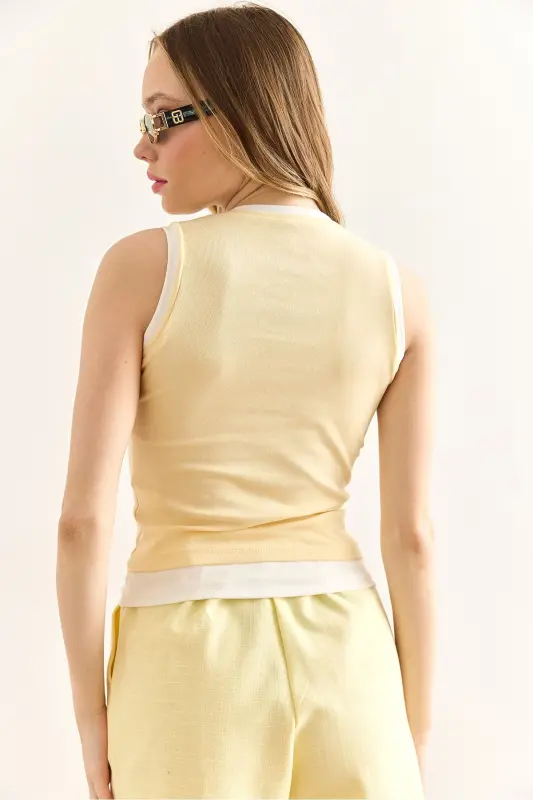 Kadın Sarı Garnili Bisiklet Yaka Crop Bluz BLZ-19003003-Sarı - 7