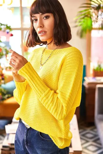 Kadın Sarı Kol Detaylı Petek Örgü Kazak KZK-19000399-Sarı - 2
