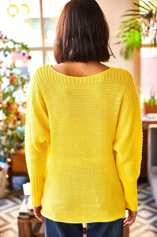 Kadın Sarı Kol Detaylı Petek Örgü Kazak KZK-19000399-Sarı - 4