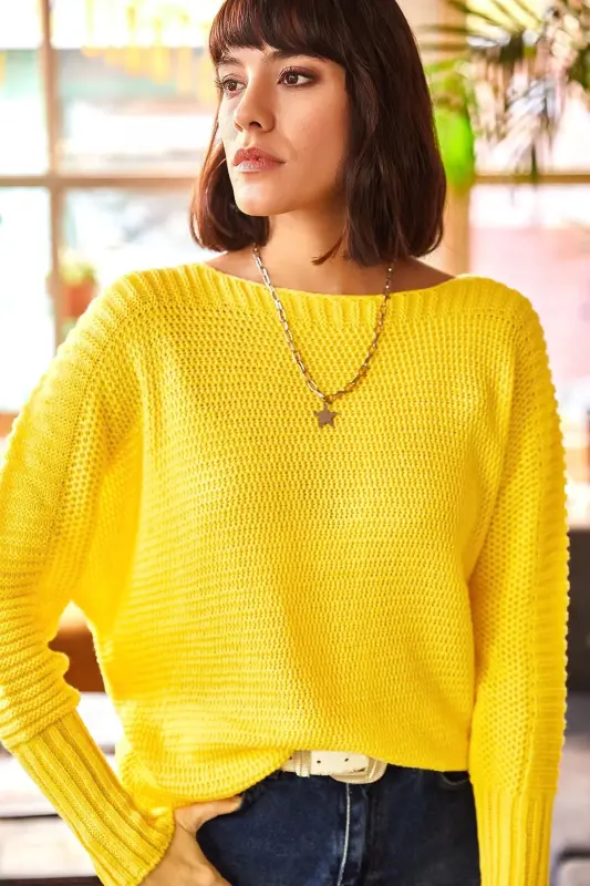 Kadın Sarı Kol Detaylı Petek Örgü Kazak KZK-19000399-Sarı - 5