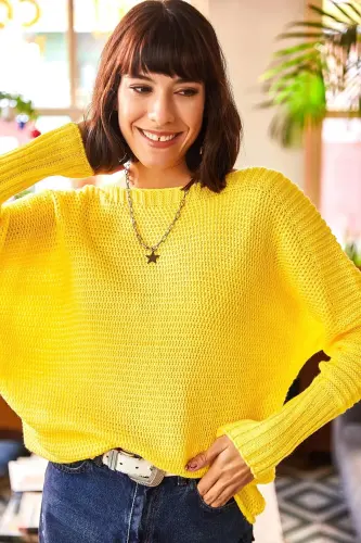 Kadın Sarı Kol Detaylı Petek Örgü Kazak KZK-19000399-Sarı - 3