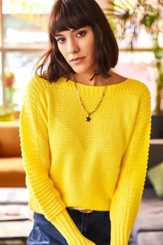 Kadın Sarı Kol Detaylı Petek Örgü Kazak KZK-19000399-Sarı - 6