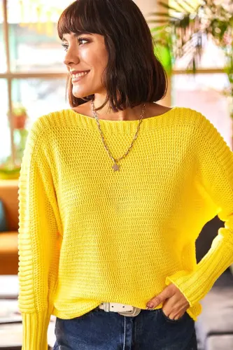 Kadın Sarı Kol Detaylı Petek Örgü Kazak KZK-19000399-Sarı 