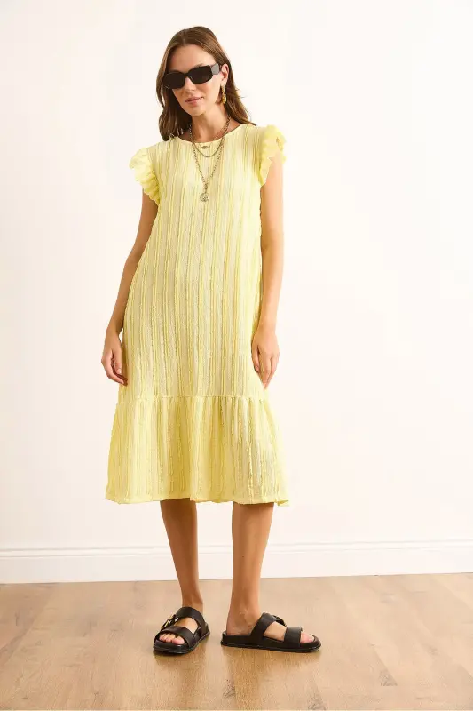 Kadın Sarı Kol Etek Fırfırlı Dokulu Midi Elbise ELB-19002364-Sarı - 2