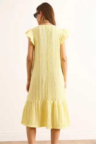 Kadın Sarı Kol Etek Fırfırlı Dokulu Midi Elbise ELB-19002364-Sarı - 5