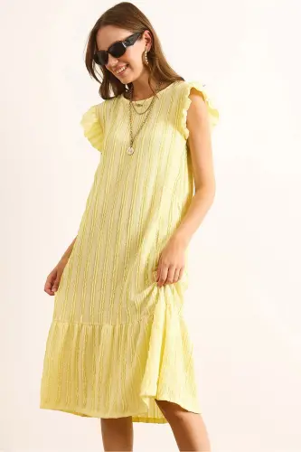 Kadın Sarı Kol Etek Fırfırlı Dokulu Midi Elbise ELB-19002364-Sarı 