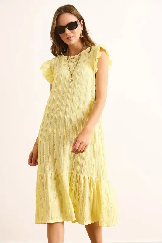 Kadın Sarı Kol Etek Fırfırlı Dokulu Midi Elbise ELB-19002364-Sarı - 3