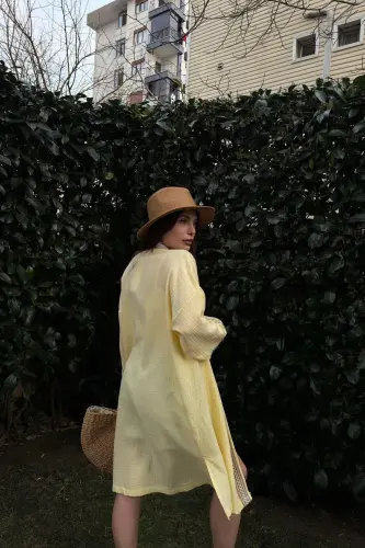 Kadın Sarı Müslin Kumaş, Hasır Şerit Detaylı Salaş Kimono Ceket-Yeşil - 3