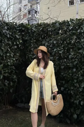 Kadın Sarı Müslin Kumaş, Hasır Şerit Detaylı Salaş Kimono Ceket-Yeşil - 4