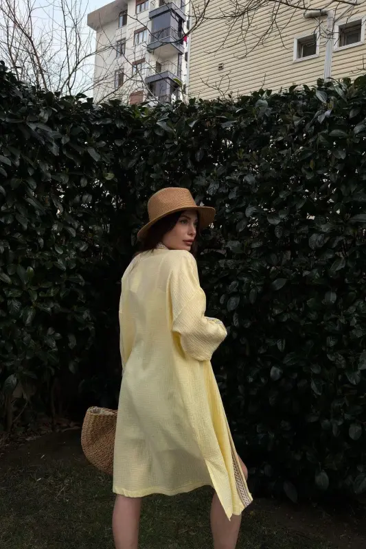 Kadın Sarı Müslin Kumaş, Hasır Şerit Detaylı Salaş Kimono Ceket-Yeşil - 3